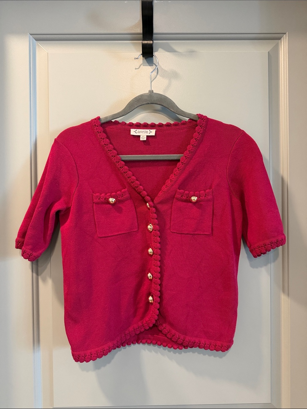 Women’s Fuchsia Short Sleeve Cardigan with Decorative Buttons